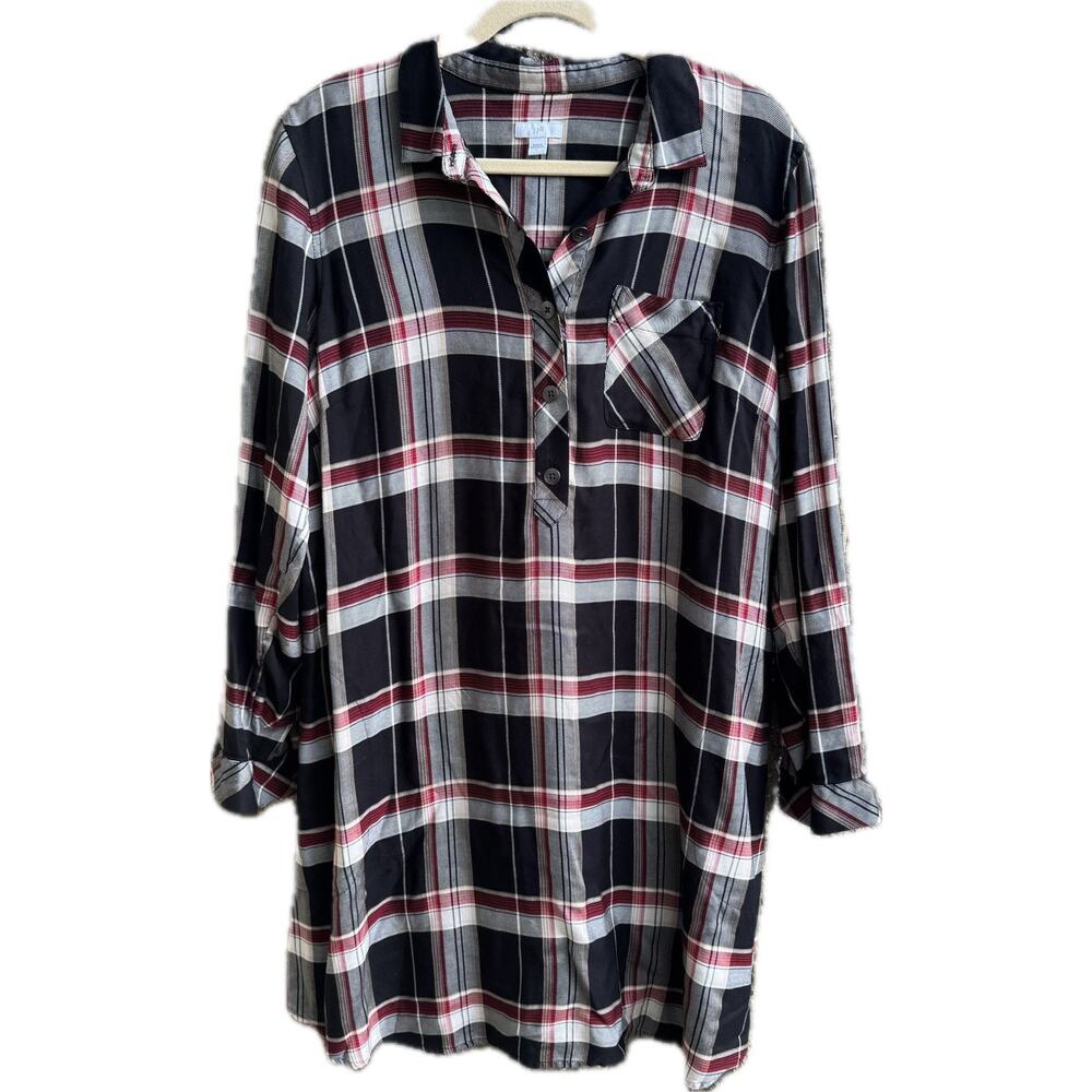 J. Jill Shirt Dress, plaid dress, roll tab sleeves, pockets, Size L cottagecore